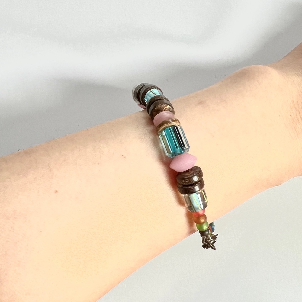 Vintage Multi Gemstone Bracelet wood Faceted  glass silver tone 7.5-8"